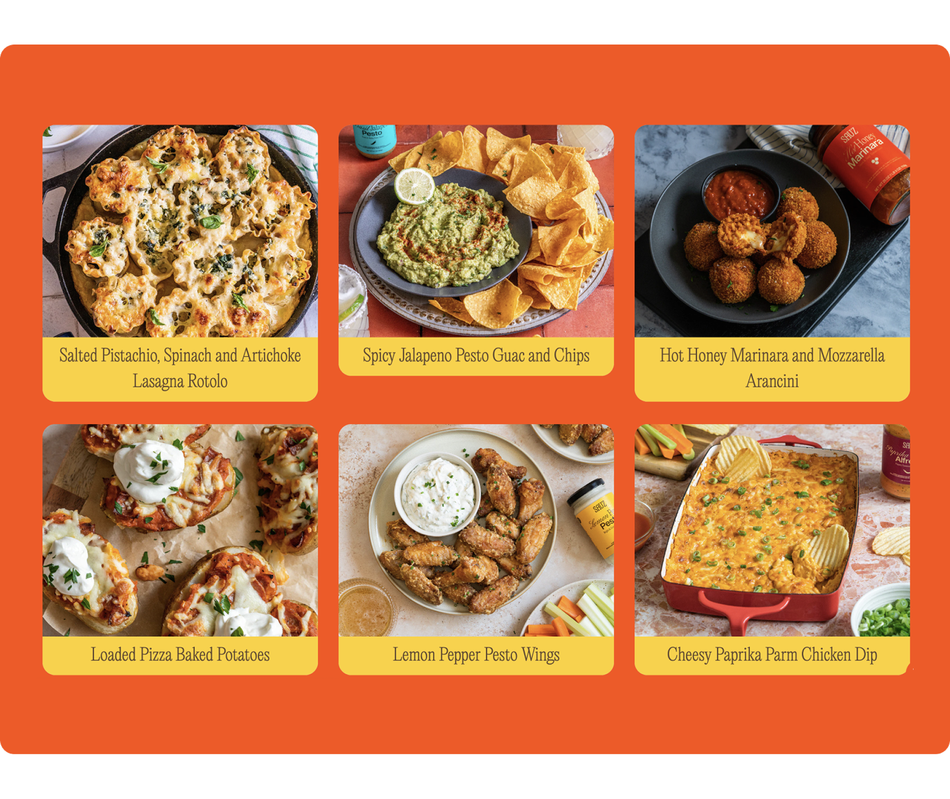 Recipe content opportunities — Salted Pistachio Lasagna Rotolo, Spicy Jalapeno Pesto Guac, Hot Honey Marinara Arancini, Loaded Pizza Baked Potatoes, Lemon Pepper Pesto Wings, and Cheesy Paprika Parm Chicken Dip